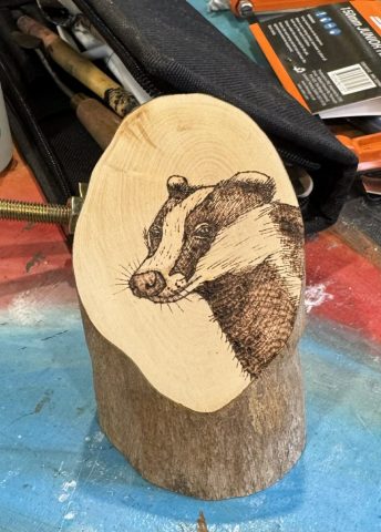 Badger log slice pyrography